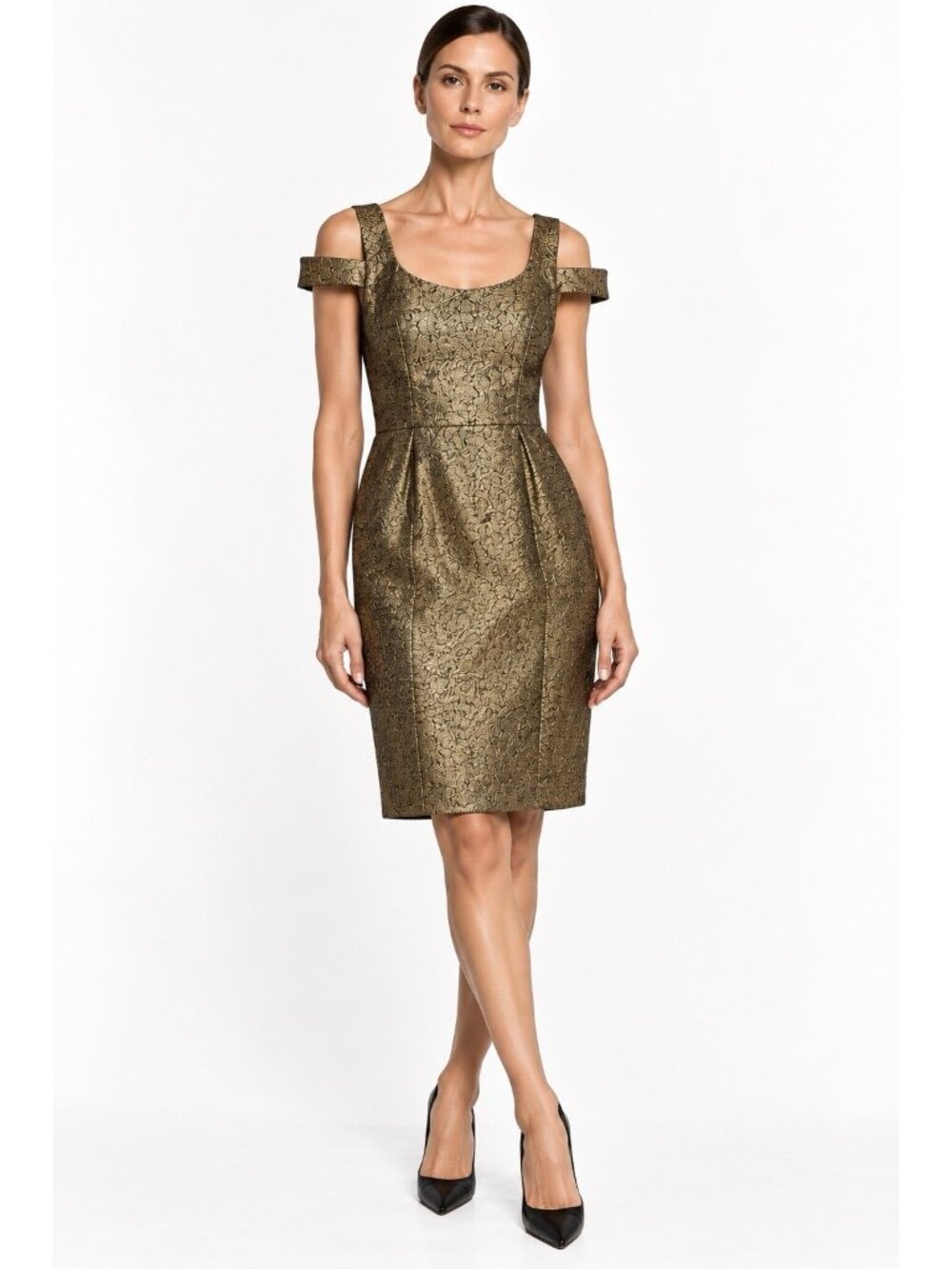 MICHAEL KORS COLLECTION gold brocade dress 12 shoulder straps sheath runway
